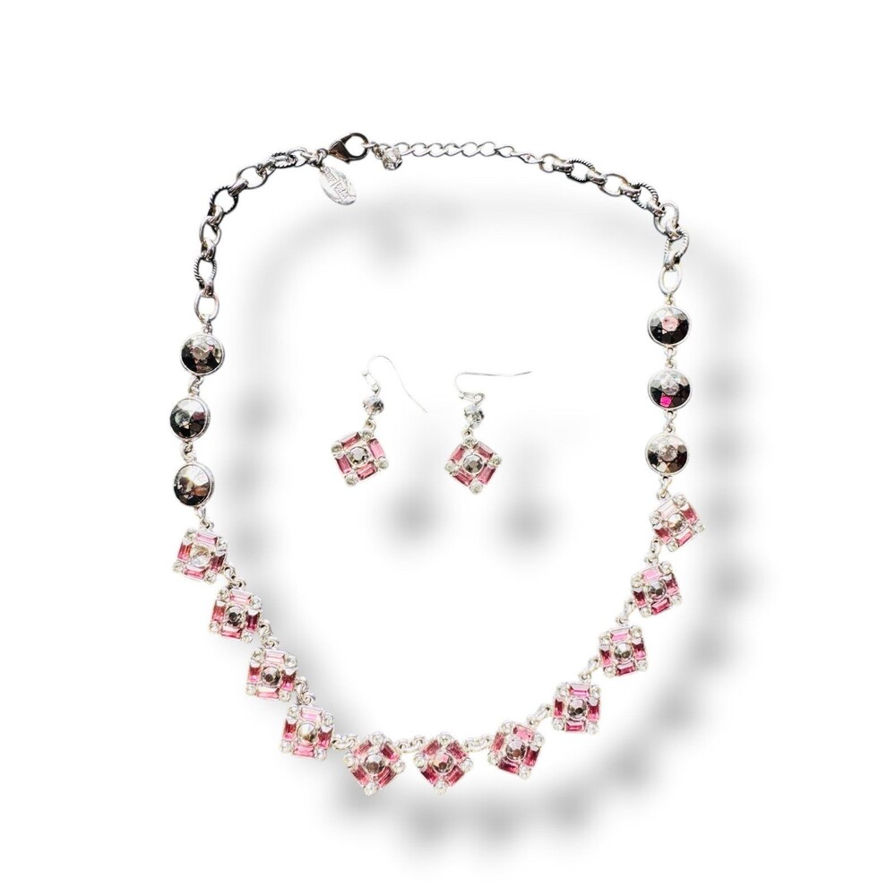 White House Black Market Silver Tone Pink & Clear Rhinestone Geometric Necklace